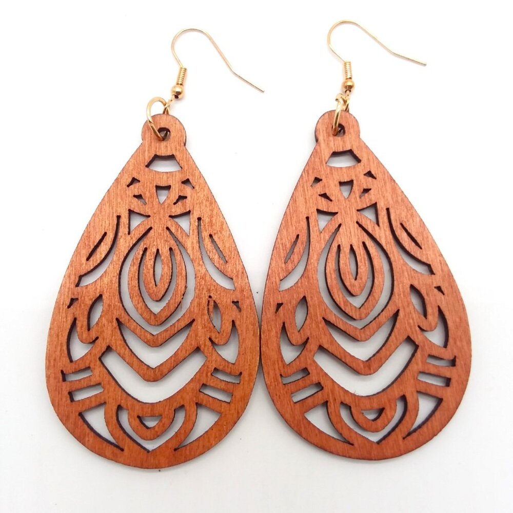 Bohemian Earrings Large Hollow Cut Wood Dangle Boho Carved Hippie Trendy